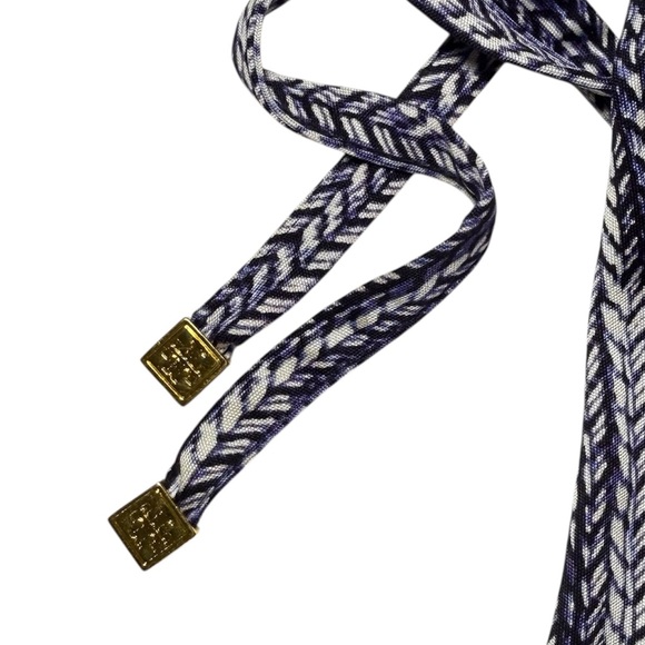 Tory Burch 100% silk belted shirt dress gold logo cuff buttons blue ivory small - Picture 9 of 15